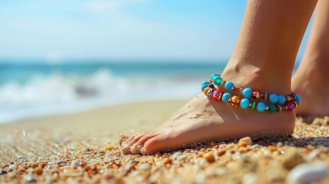 A close-up of a woman's foot on a sandy beach. The foot is adorned with colorful beaded anklets. The ocean waves are visible in the background under a clear blue sky.