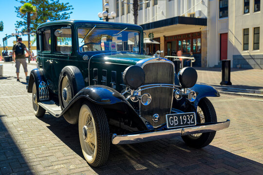 Vintage Chevrolet Series BA Confederate stands during art deco festival on napier