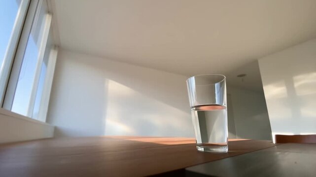 Timelapse of a glass of water on a table by a window, the sun moving across the sky causing the glass to act as a lens, making bright dancing specks of light, concept of playful refracted light