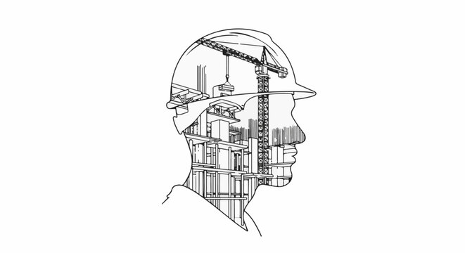 Silhouette of a person's head wearing a hard hat, filled with construction