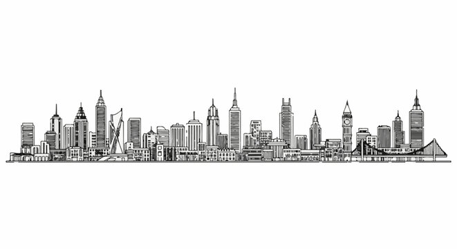 Sketchy cityscape with varied skyscrapers and a bridge