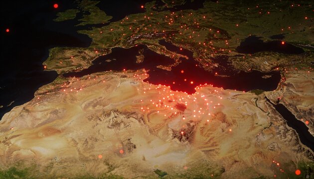 Displaying Mediterranean map highlighting red orange coastal hotspots across sea and Nile Delta
