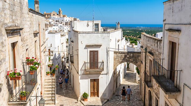 Ancient white stone architecture and Mediterranean landscape in Ostuni Puglia southern Italy featuring historic limestone buildings under a clear blue sky within this old European tourist city