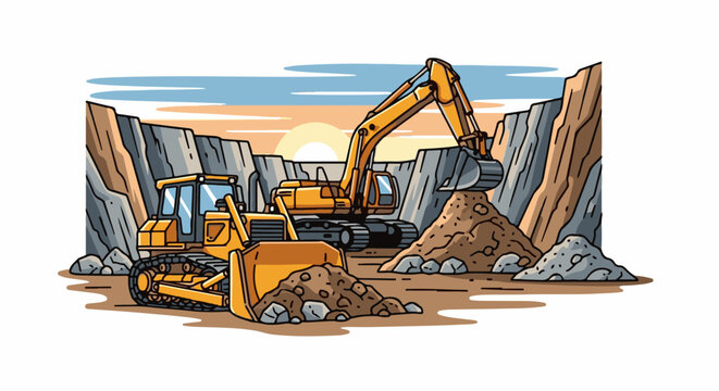 Yellow construction vehicles digging in a rocky quarry at sunset