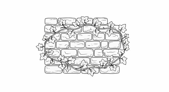 Outline of a brick wall with climbing ivy vines and leaves