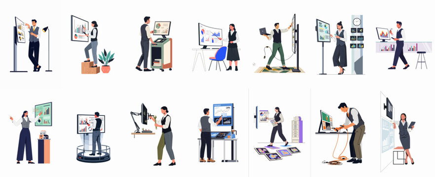 A collection of professional characters analyzing data and business metrics using modern technology, interactive dashboards, and futuristic office equipment in a flat vector style.