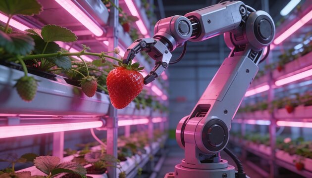 Picking robotic arm gripping ripe red strawberry in vertical hydroponic trays, with pink LED lights