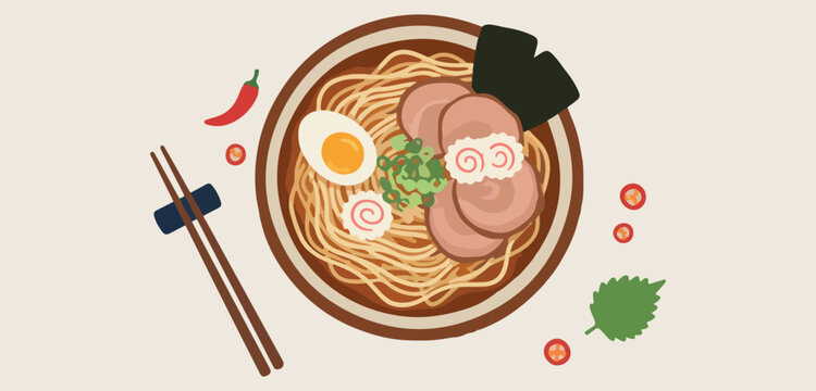 japanese ramen noodle bowl with egg and pork, hand drawn delicious asian food illustration, aesthetic food lover kitchen wall art, modern simple flat vector food design, professional restaurant menu g