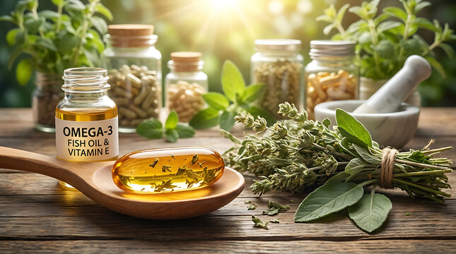 Organic herbal capsule with vitamin E and omega fish oil softgel, natural mineral supplement including fresh green leaf for holistic health wellness and medicinal plant therapy lifestyle