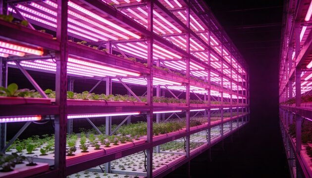 Lighting vertical farm racks receding down tight aisle, showing magenta LED lights and drip lines
