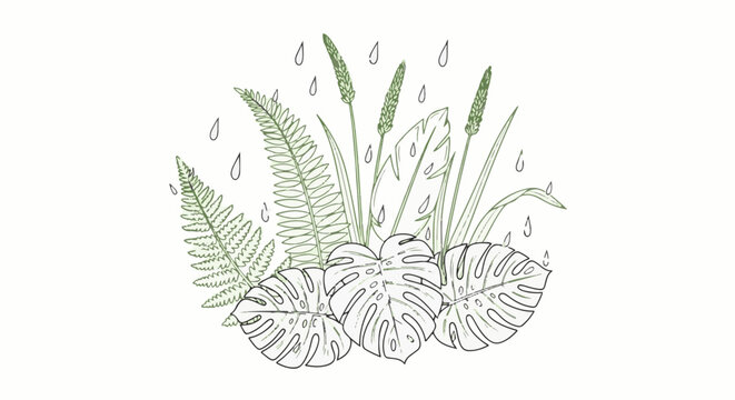 Lush foliage, including ferns and monstera leaves, with gentle raindrops falling