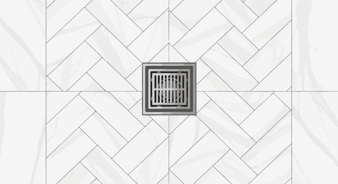 White marble tile floor with central square shower drain