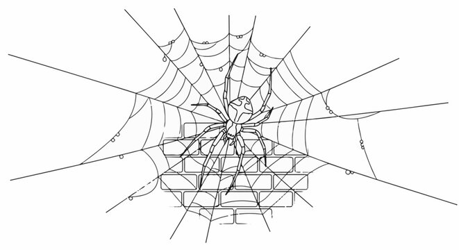 Spider on web, intricate detail against brick wall backdrop, abstract