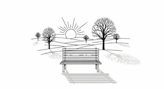 A tranquil park scene with a bench, trees, and a rising sun