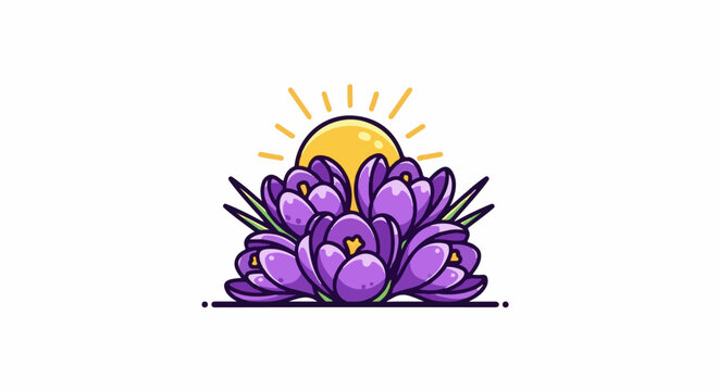 Vibrant purple crocuses bloom with a rising sun behind them