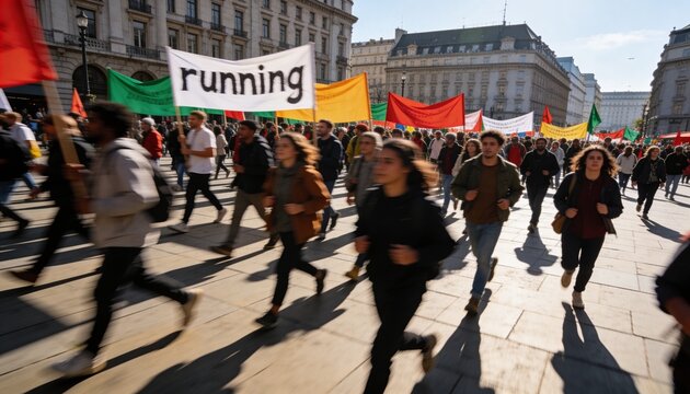 Running crowd wearing jackets and packs, carrying white running banner and flags across plaza
