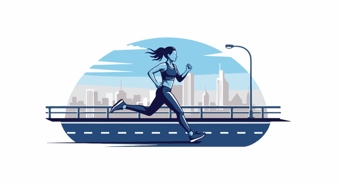 Woman running on a bridge in a city with buildings and a lamppost