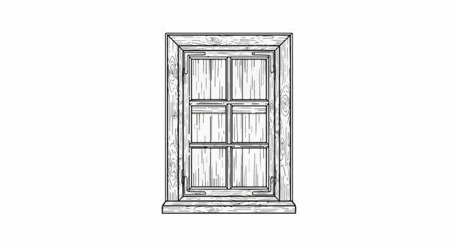 Detailed sketch of a rustic wooden window with multiple panes