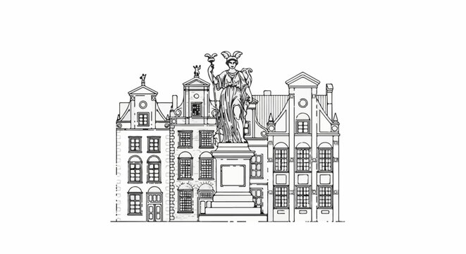 Detailed line drawing of a statue atop a monument with ornate historical buildings