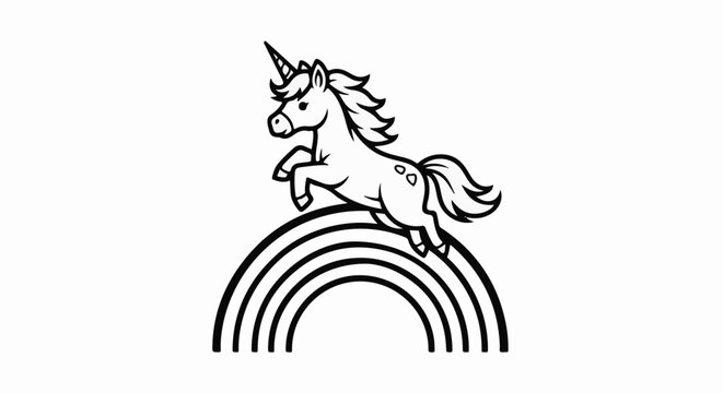 Whimsical unicorn leaping over a rainbow in simple black and white outline