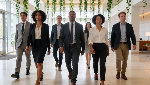 Walking business team of seven in suits crossing lobby, with glass windows and hanging plants