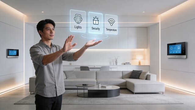 Focused young man is using holograms to control their home electronic items