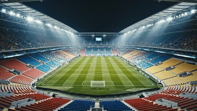 Wide angle view of a modern football stadium at night under bright stadium lights and clear sky