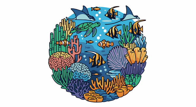 Vibrant coral reef scene with marine life and brain coral