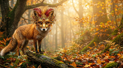 Fototapeta premium Mystical Fox Wearing Ornate Venetian Mask in Autumn Forest 
