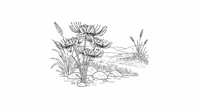 Delicate flowers by a winding stream with distant hills