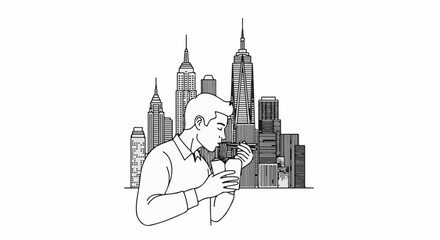Obraz premium Man enjoys noodles in city with tall buildings