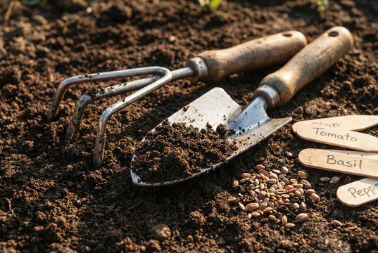 Gardening Tools Trowel and Cultivator in Fresh Soil with Plant Markers 
