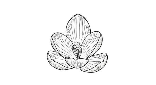 Delicate line art drawing of an open crocus flower with detailed petals
