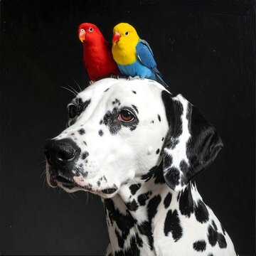 A dalmatian with two colorful parakeets on its head