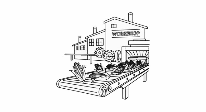 Corn on a conveyor belt entering a workshop facility for processing