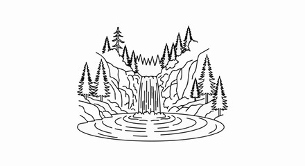 Fototapeta premium A detailed line drawing of a cascading waterfall surrounded by pine trees and rocky terrain