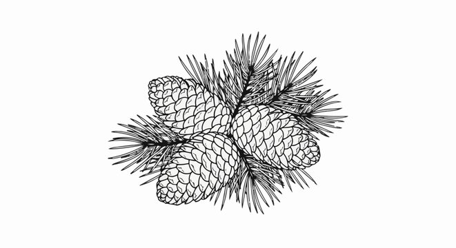 Black and white illustration of pine cones nestled among evergreen needles