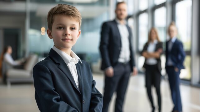A young Caucasian boy in a suit stands confidently in an office environment. Three adults in business attire are blurred in the background, engaged in conversation.