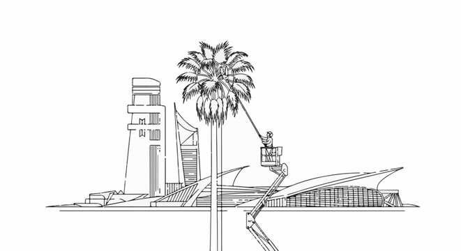 Line art depicting modern architecture and a worker trimming a palm tree from a boom lift