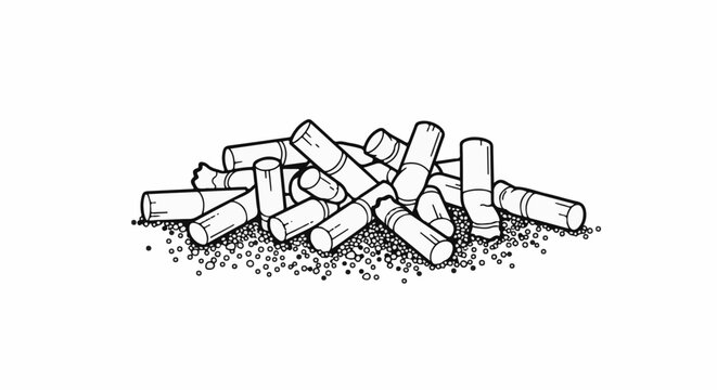 A pile of cigarette butts lies on a bed of small dots, drawn in black and white