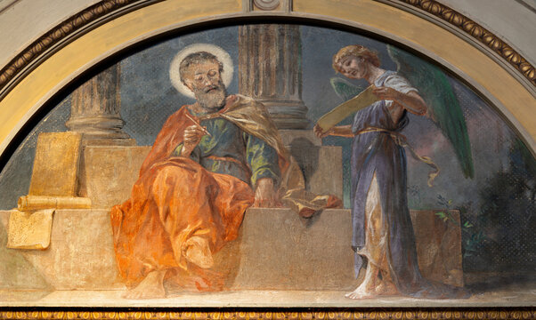 Alessandria -  The  fresco of St. Matthew the Evangelist in the Cathedral by Luigi Morgari from 20. cent.