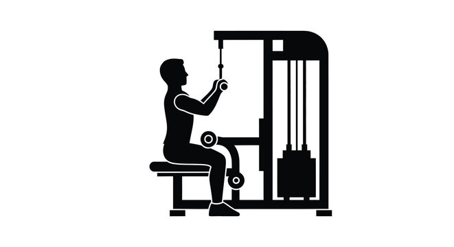 Silhouette of a man using a cable lat pulldown machine at the gym