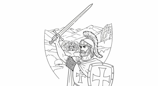 Medieval warrior holding sword and shield in front of a castle