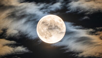 Obraz premium Glowing bright full moon casting soft halo across open night sky, with wispy clouds