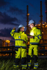 Professional Engineer Team Working at Refinery plant background twilight evening. Oil Gas Energy man
