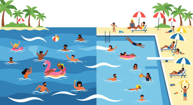 Summer Fun: People Swimming in Ocean and Pool, Beach and Poolside Relaxation