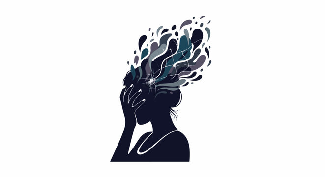 Woman with head exploding into abstract colorful shapes