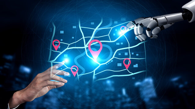 A smart AI assistant calculates the optimal delivery route using GPS navigation. This virtual system places location pins on a map to track a destination in real-time. Fermion