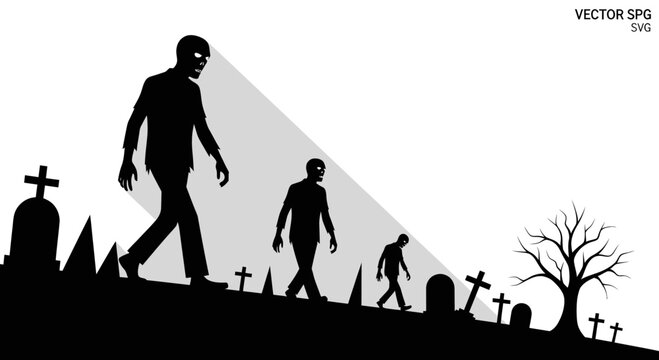 Zombie Silhouette Walking in Graveyard at Night