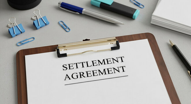 Settlement Agreement Document on Clipboard with Stationery on Desk